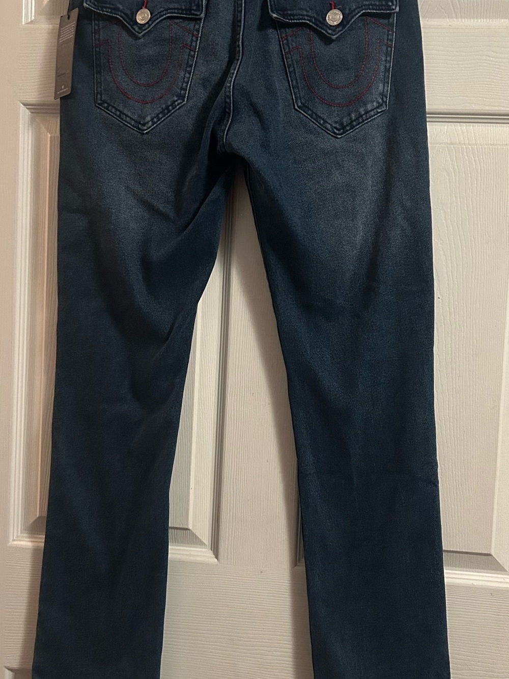True Religion Men's Navy Straight Jeans with Red Stitching